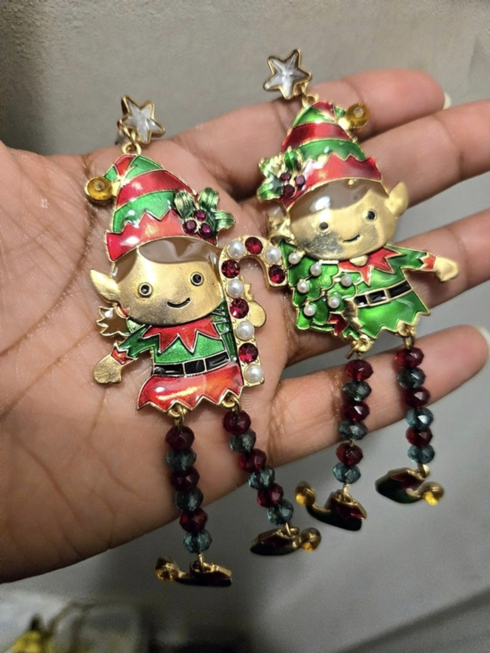 Christmas Elf Dangle Earrings in Green & Red Like New